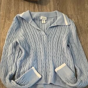 L.L. Bean Pale Blue Cable-Knit V-Neck Sweater with White Trim